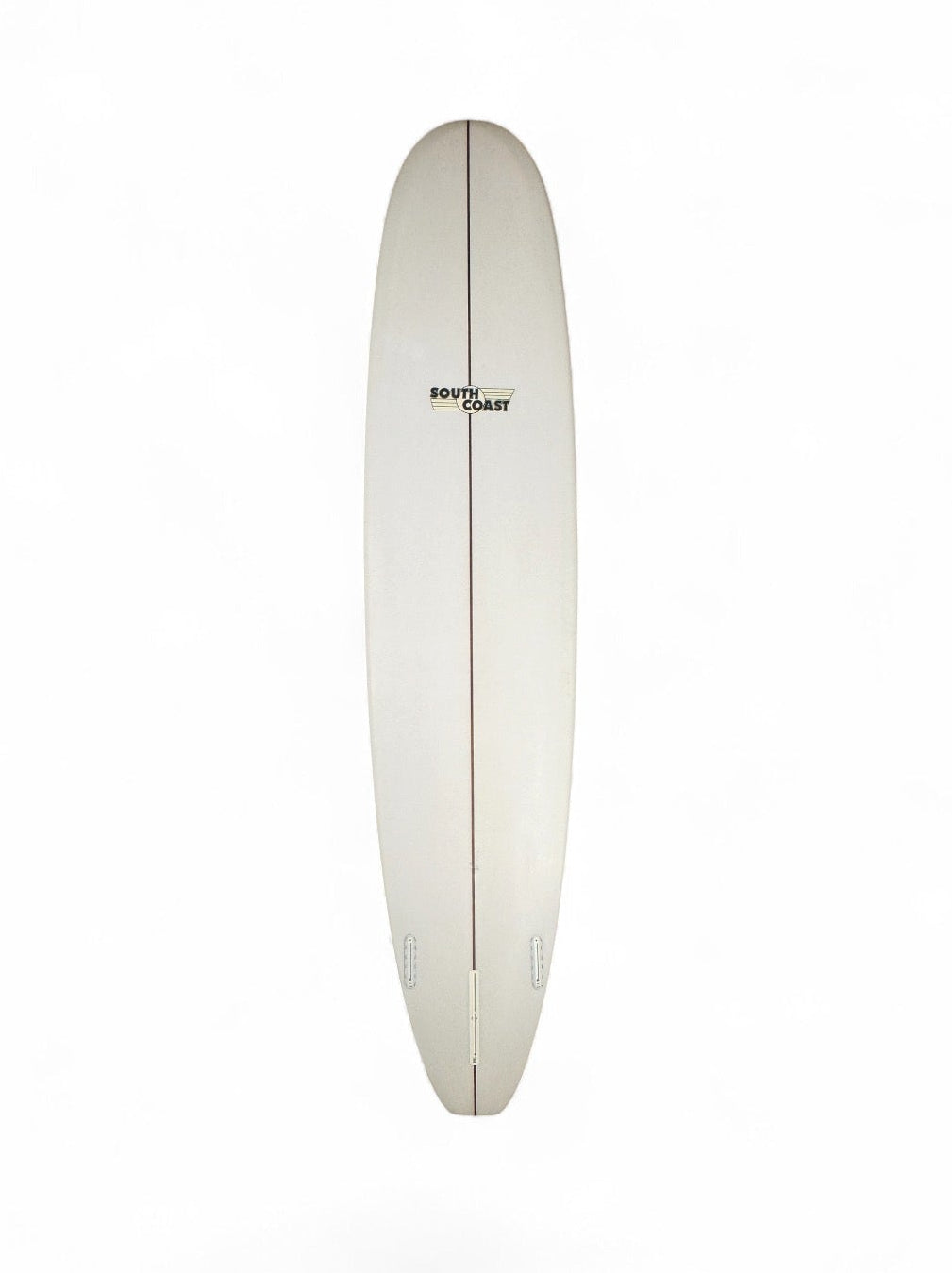 The bottom of a white South Coast longboard. With a South Coast logo toward the top of the board and a longboard fin slot with two slot on each side. 