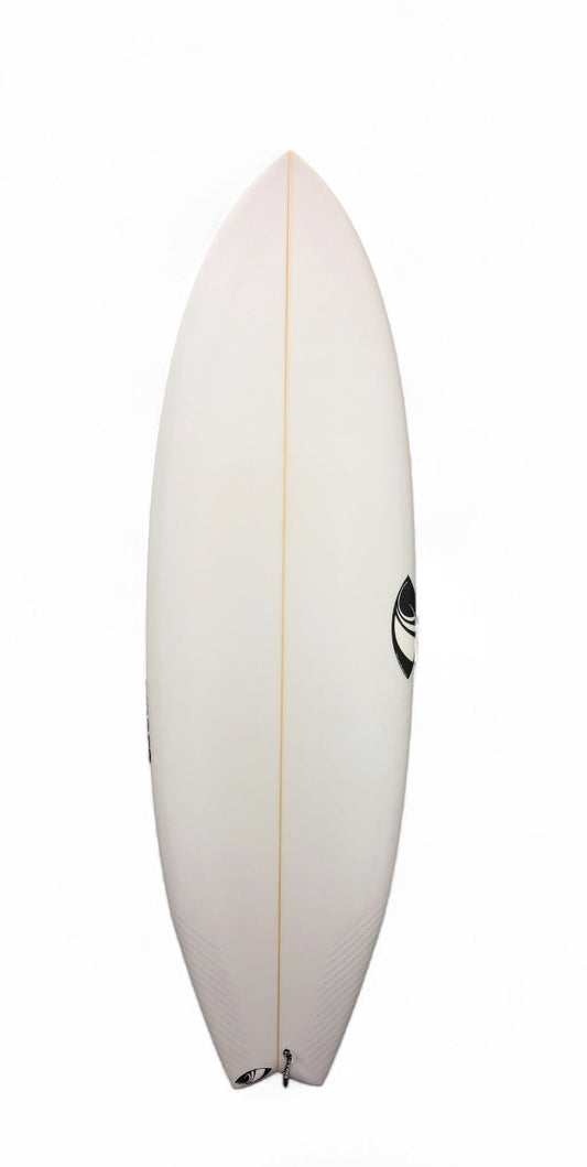 A white surfboard shown vertically against a solid white background, featuring a small shapeye logo and the right side and on the bottom. 