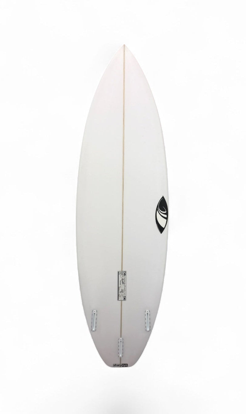 The bottom white surfboard shown vertically against a solid white background, featuring wood center stripe and a black graphic logo on the side and 3 fins boxes.