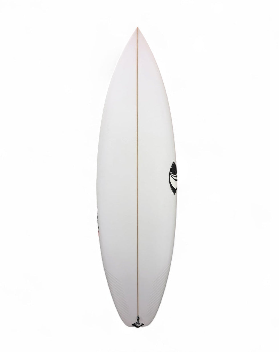 A white surfboard shown vertically against a solid white background, featuring wood center stripe and a black graphic logo on the side.