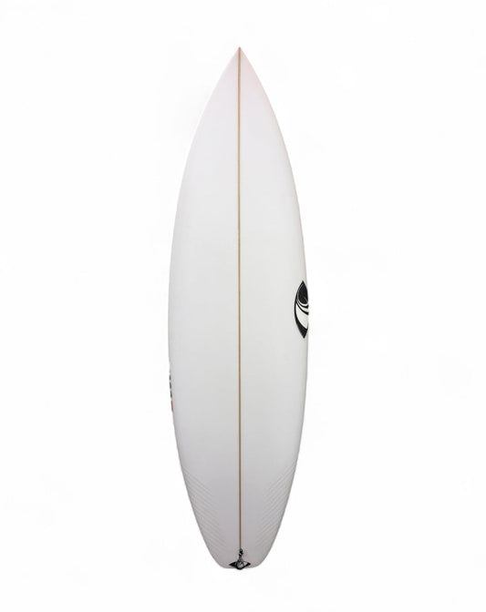 A white surfboard shown vertically against a solid white background, featuring wood center stripe and a black graphic logo on the side.