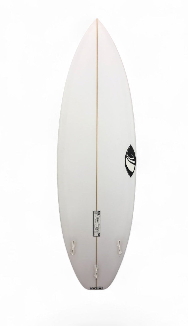 The bottom white surfboard shown vertically against a solid white background, featuring wood center stripe and a black graphic logo on the side and 3 fins boxes.