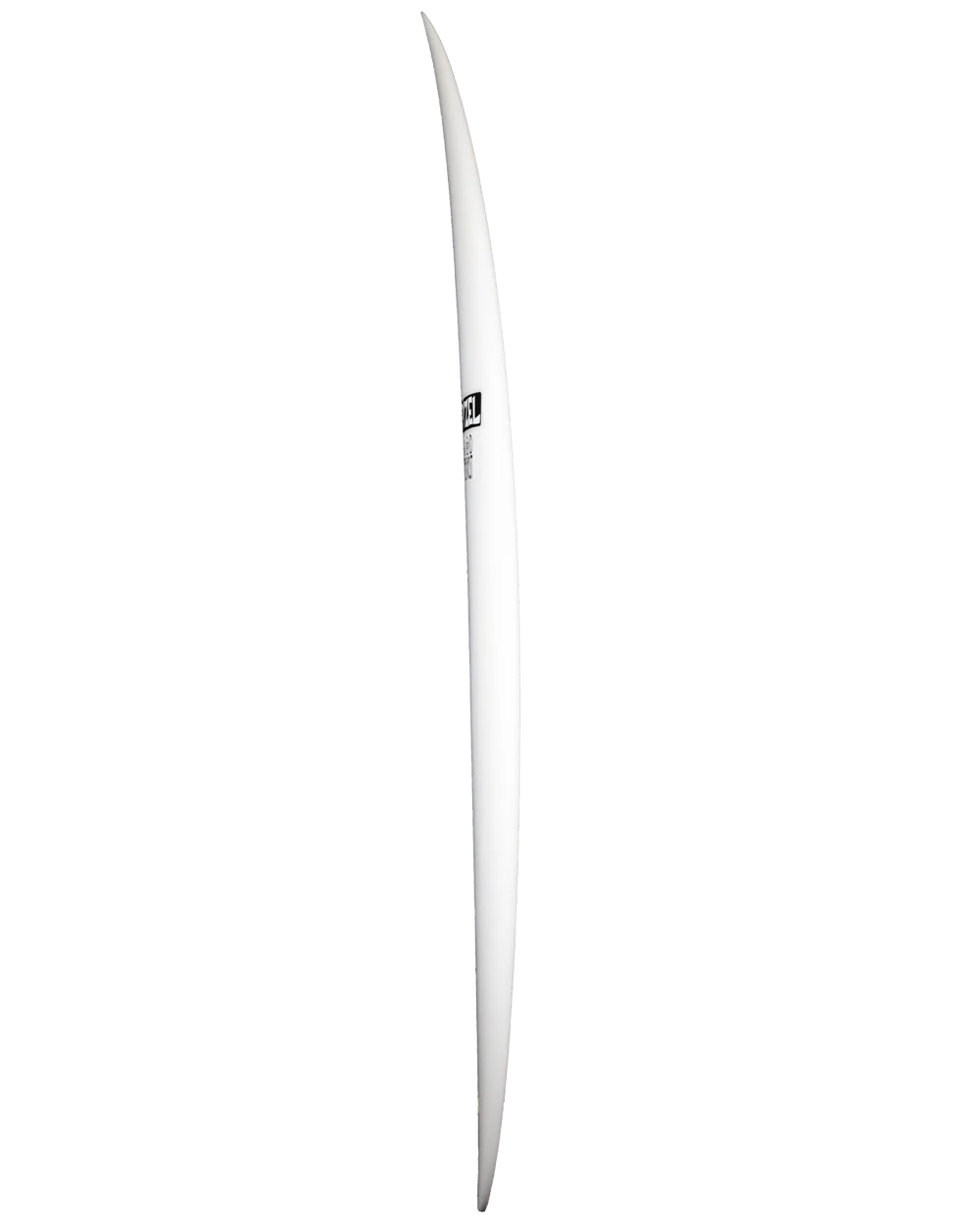 Side view of a white surfboard on a white background