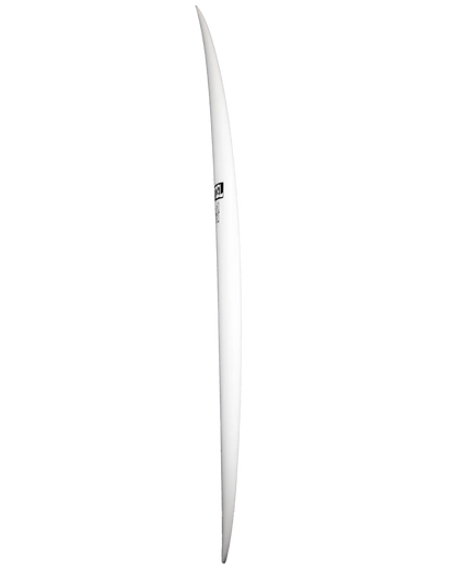 Side view of a white surfboard on a white background