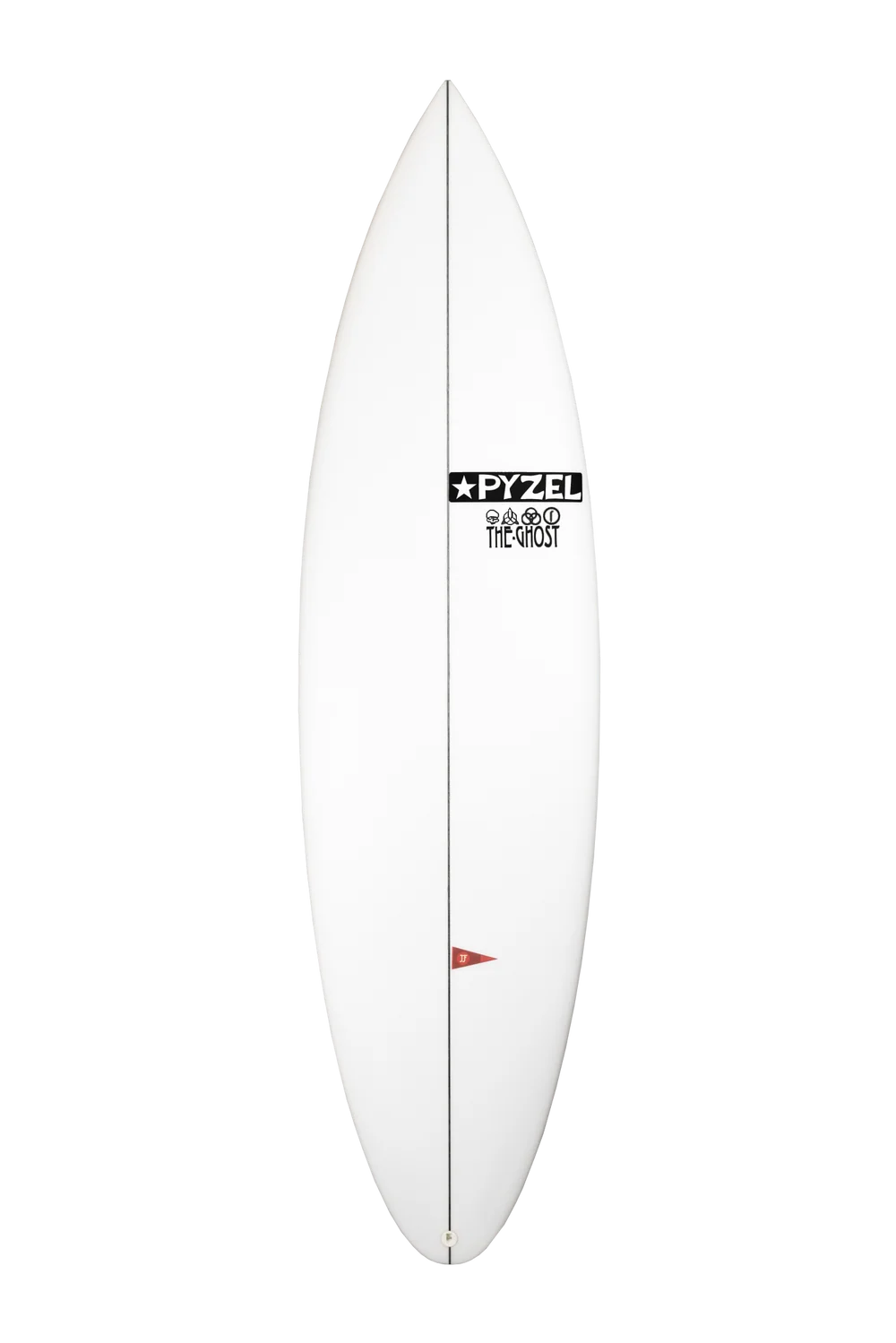 White surfboard with a Pyzel logo on a white background