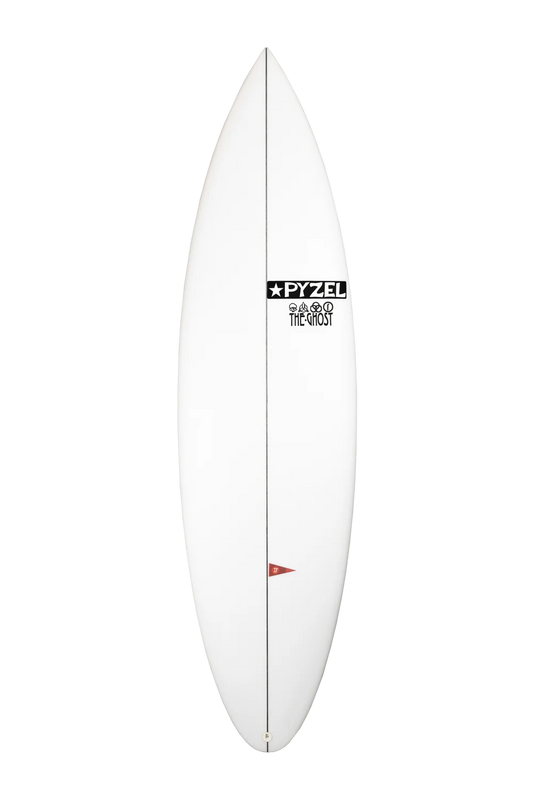 White surfboard with a Pyzel logo on a white background