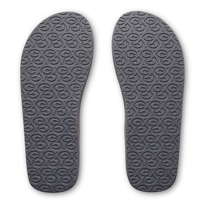 Cobian Salty Flip Flops in Charcoal featuring textured rubber outsoles with a repeating Cobian logo traction pattern.