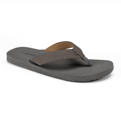 Cobian Salty Men's Flip Flops in Charcoal featuring a cushioned gray footbed, stitched synthetic straps, and tan strap lining.