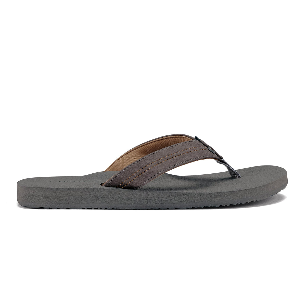 Side profile of Cobian Salty Flip Flops in Charcoal showing the low-profile gray sole, padded straps, and textured footbed.