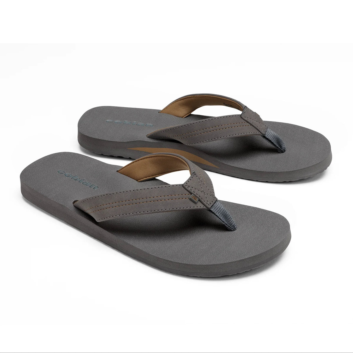 Cobian Salty Men's Flip Flops in Charcoal featuring gray cushioned footbeds, stitched straps, and tan accents on both sandals.