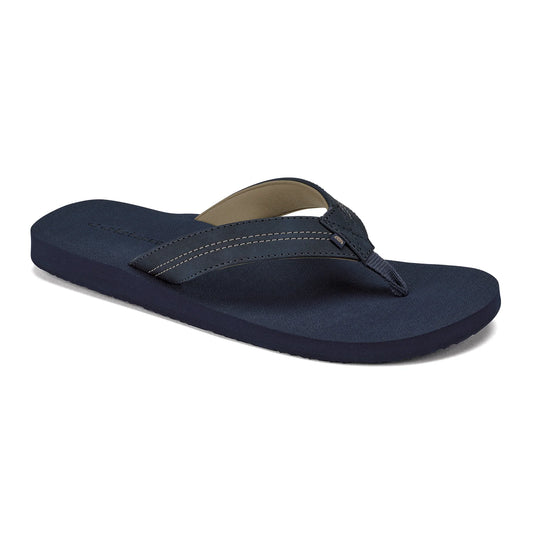 Cobian Salty Men's Flip Flops in Navy featuring a textured navy footbed, stitched synthetic straps, and tan cushioned strap lining.
