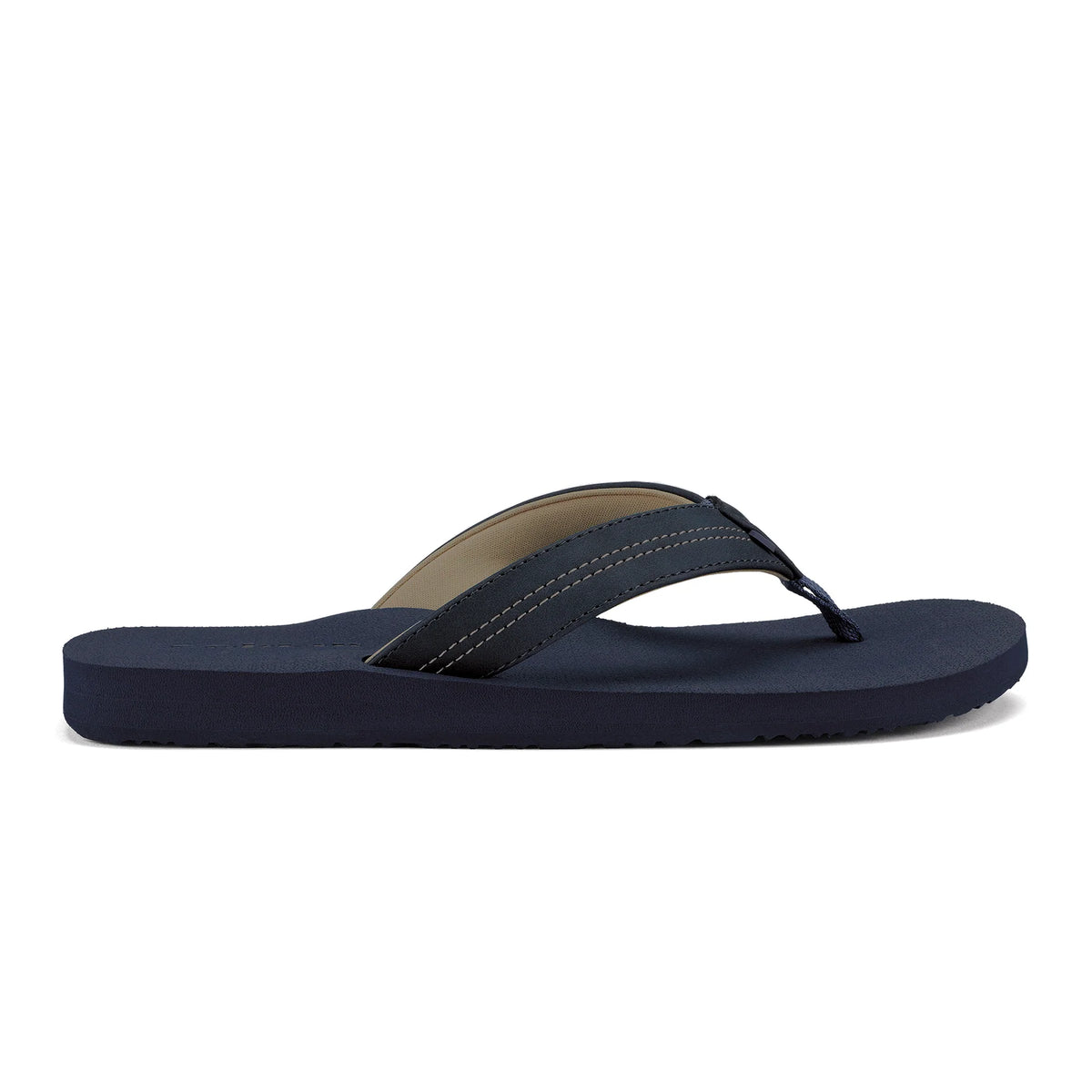 Side profile of Cobian Salty Men's Flip Flops in Navy highlighting the low-profile sole, padded thong strap, and contrasting stitching.