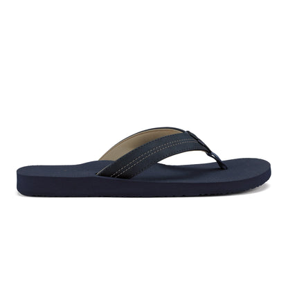 Side profile of Cobian Salty Men's Flip Flops in Navy highlighting the low-profile sole, padded thong strap, and contrasting stitching.