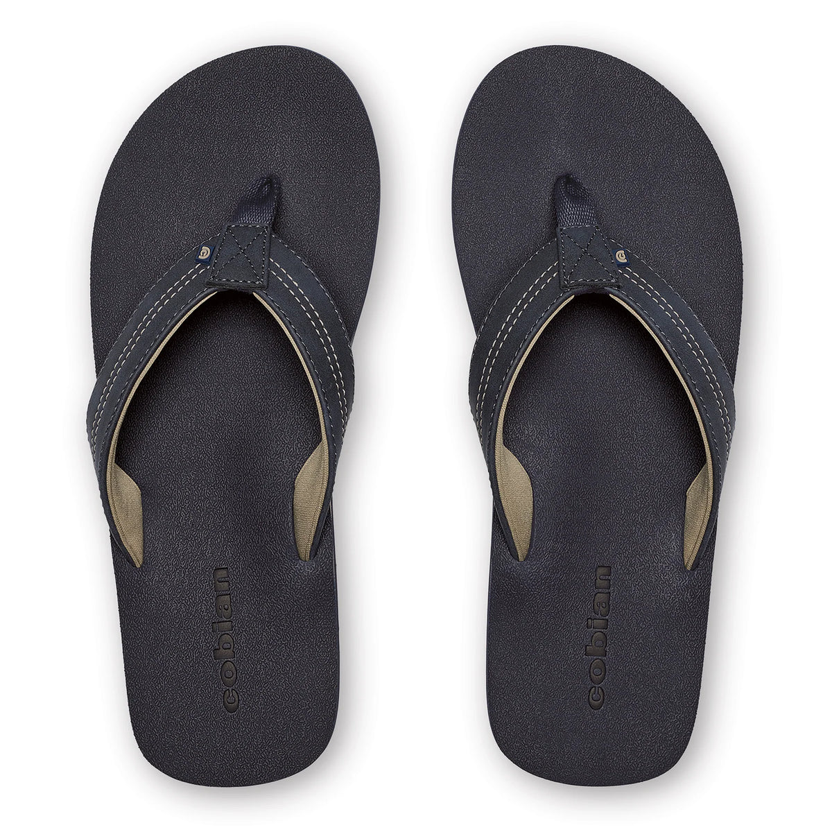 Top view of Cobian Salty Men's Flip Flops in Navy featuring textured footbeds, padded navy straps, tan interior lining, and embossed Cobian logos.