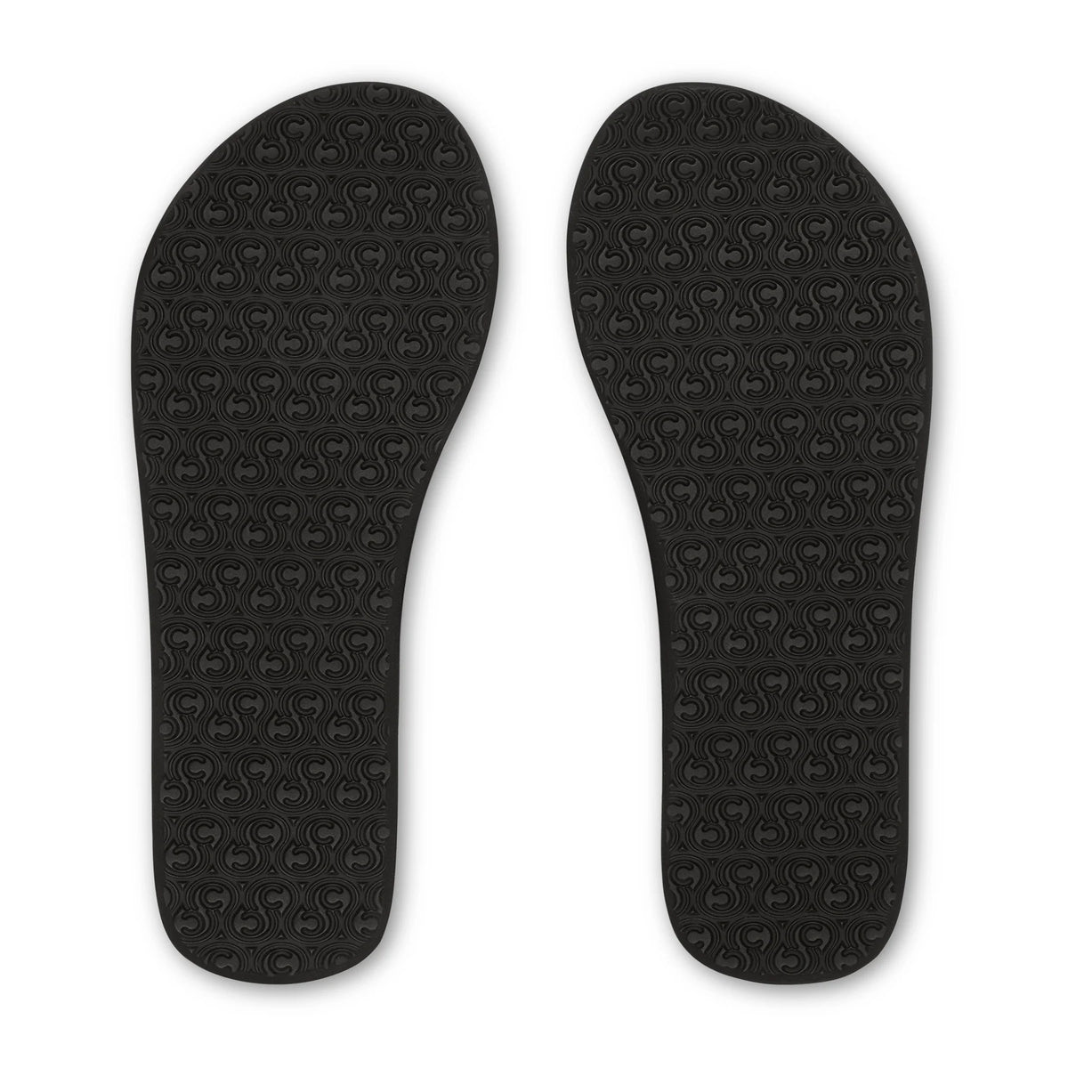Cobian Skinny Bounce black flip flops featuring textured rubber outsoles with a repeating Cobian logo traction pattern.