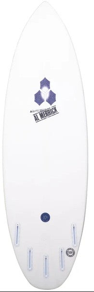 Bottom of White and Blue surfboard with five Future fin boxes. Al Merrick Channel Islands Logo Top Center of Board with the Solution Graphic in the Channel Islands Logo.