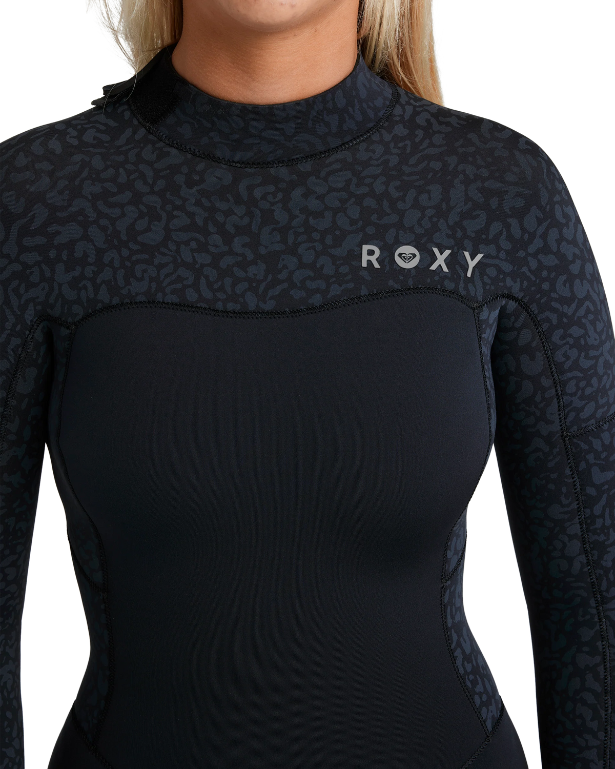 Roxy women’s wetsuit chest detail with Roxy logo and animal print panels