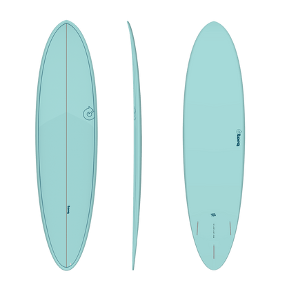 Light blue surfboard from different angles on a black background