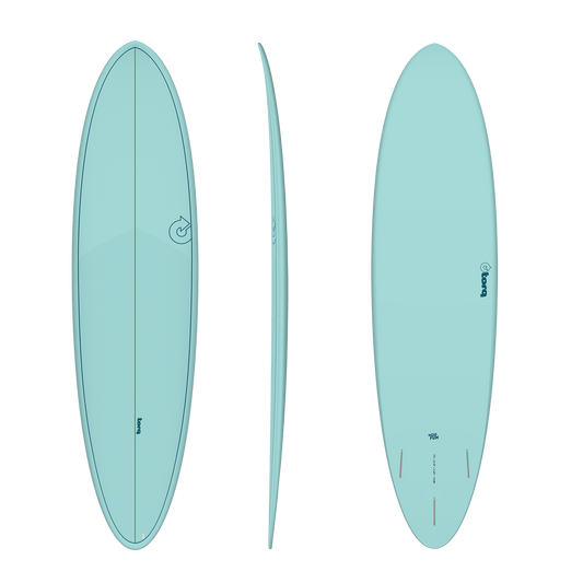 Light blue surfboard from different angles on a black background