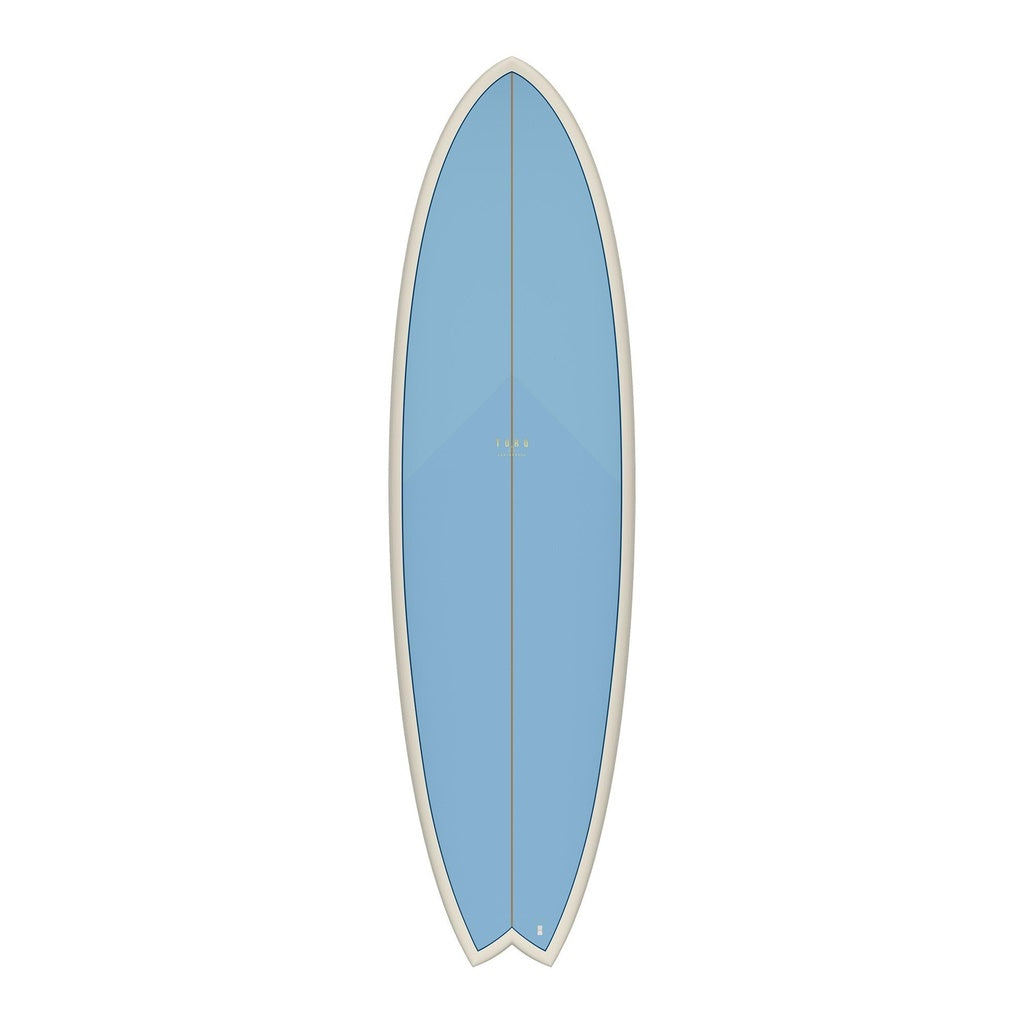 A light blue surfboard with a white border, shown vertically against a plain white background.