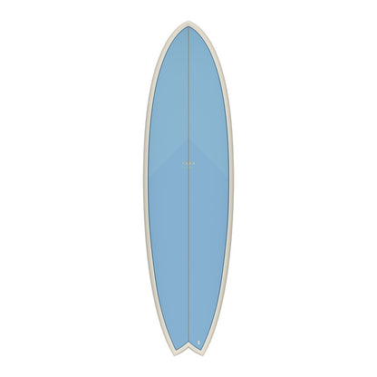 A light blue surfboard with a white border, shown vertically against a plain white background.
