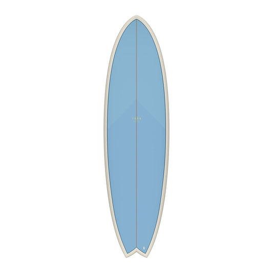 A light blue surfboard with a white border, shown vertically against a plain white background.