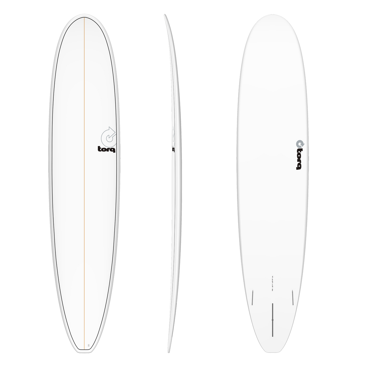 White surfboard with 'torq' branding on a white background