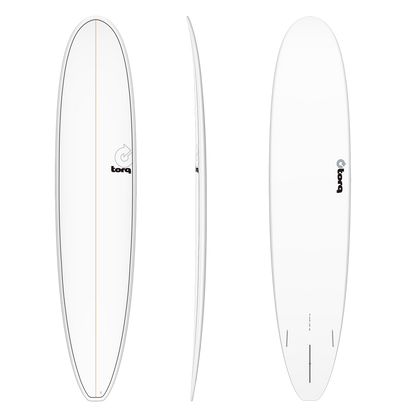 White surfboard with 'torq' branding on a white background