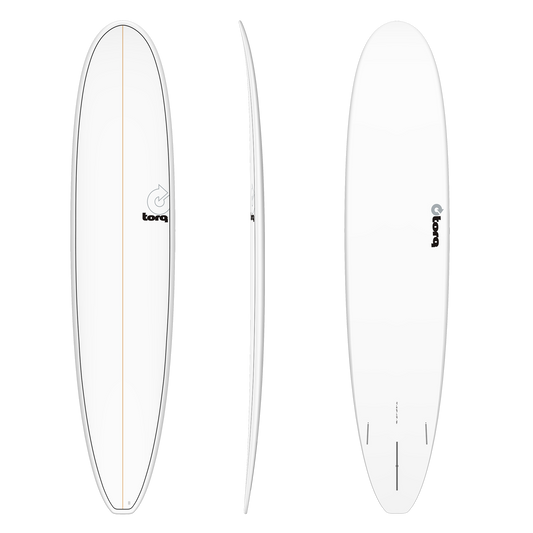 White surfboard with 'torq' branding on a white background