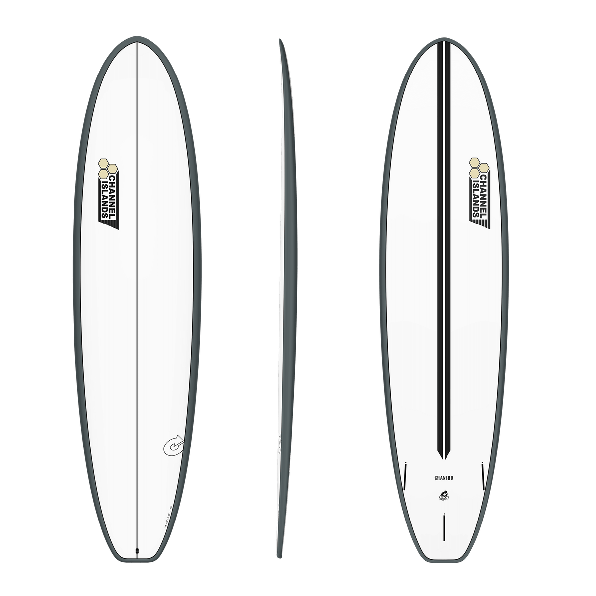 A surfboard shown from three angles: top view, side profile, and bottom view. The board is predominantly white with a dark gray outline.