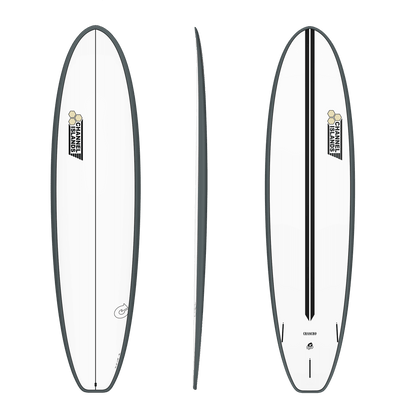 A surfboard shown from three angles: top view, side profile, and bottom view. The board is predominantly white with a dark gray outline.