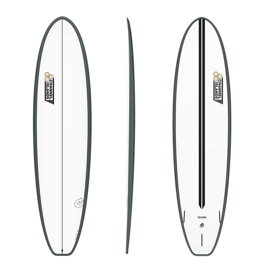 A surfboard shown from three angles: top view, side profile, and bottom view. The board is predominantly white with a dark gray outline.
