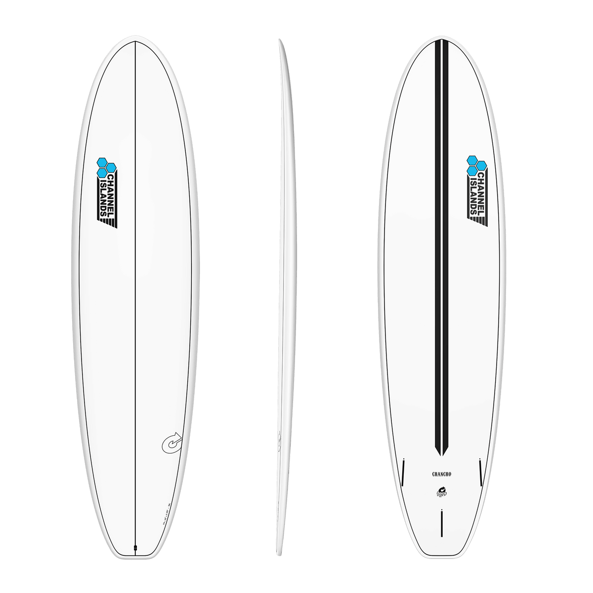 A white surfboard shown from three angles: front view, side profile, and back view. The board features a black center stripe on the back view, a black and blue 'Channel Islands' logo on the front, and a small circular logo near the tail.