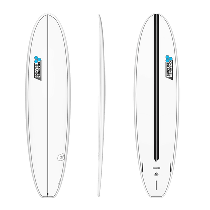 A white surfboard shown from three angles: front view, side profile, and back view. The board features a black center stripe on the back view, a black and blue 'Channel Islands' logo on the front, and a small circular logo near the tail.