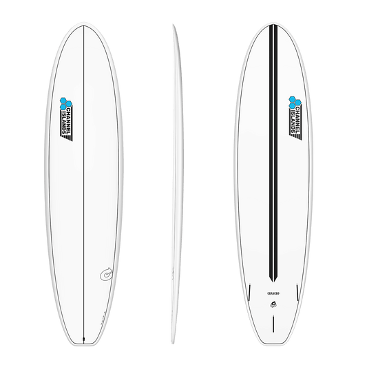 A white surfboard shown from three angles: front view, side profile, and back view. The board features a black center stripe on the back view, a black and blue 'Channel Islands' logo on the front, and a small circular logo near the tail.