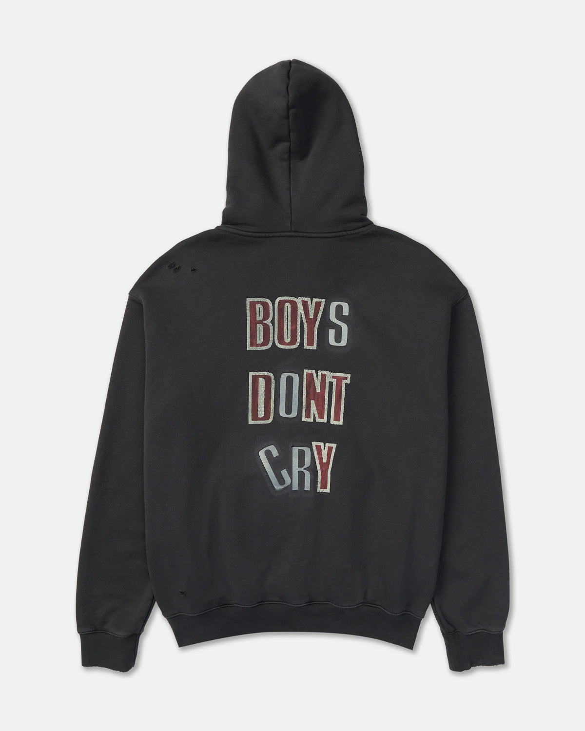 The Cure Boys Don't Cry Hoodie in washed black featuring an oversized fit, distressed fabric details, and a large multicolored Boys Don't Cry back print.