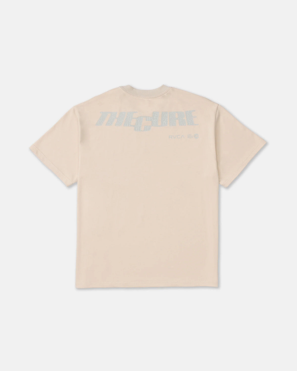 RVCA x The Cure Tee in cream featuring a large textured The Cure logo across the upper back with subtle RVCA branding and short sleeves.