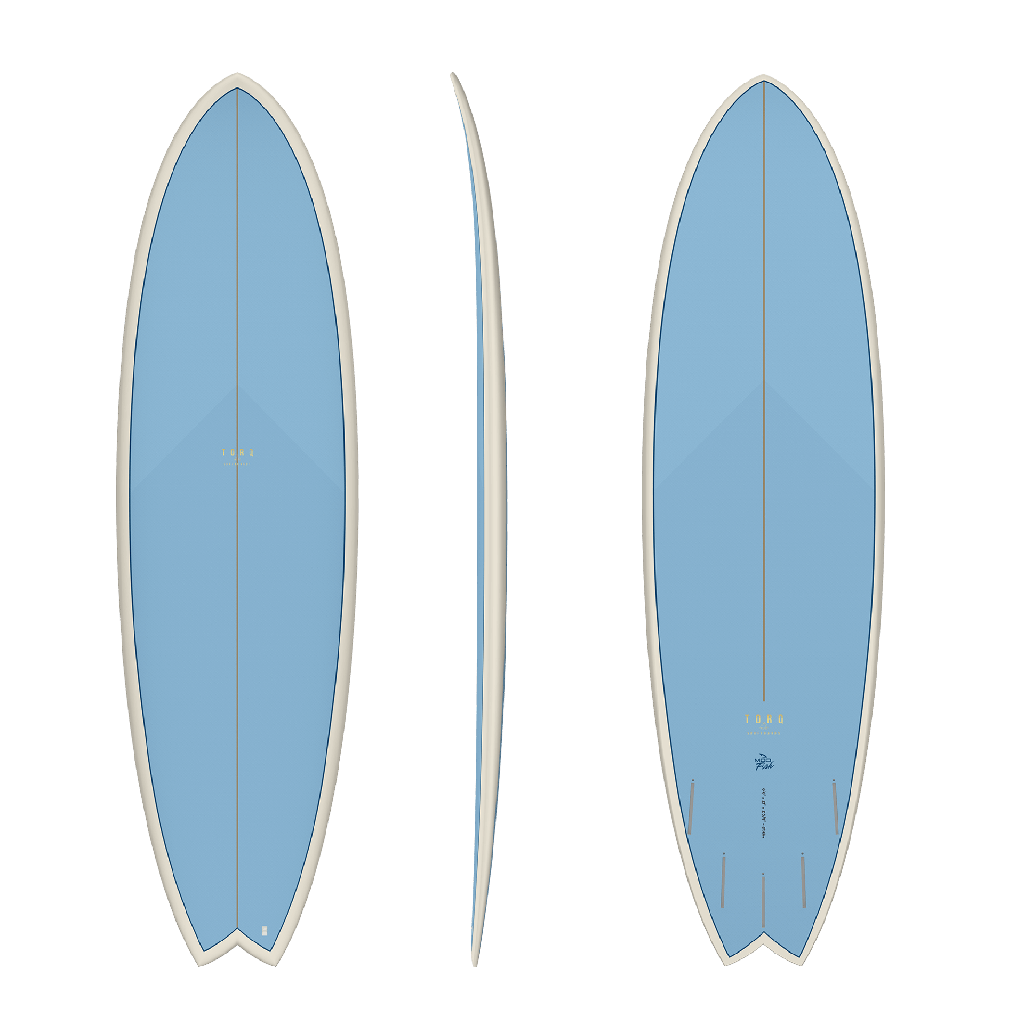A light blue surfboard shown from three angles: top view, side profile, and bottom view, on a plain white background.