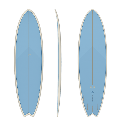 A light blue surfboard shown from three angles: top view, side profile, and bottom view, on a plain white background.