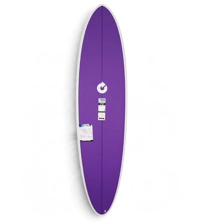 A purple longboard surfboard with a white edge and a white circular logo in the center, shown vertically against a plain white background.