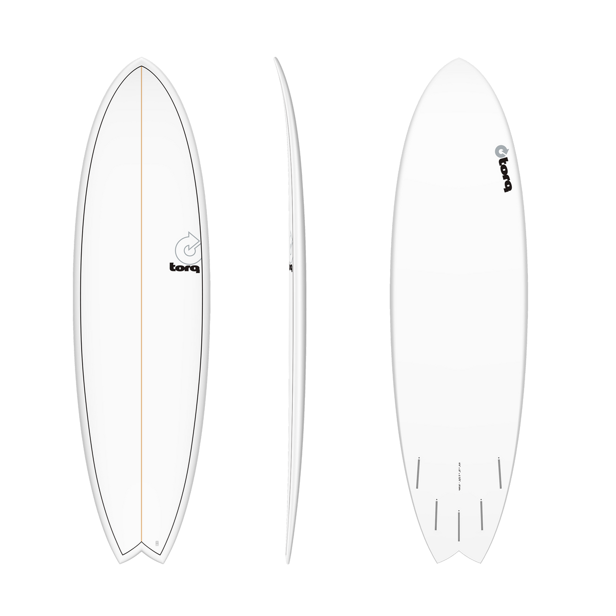 Three views of a surfboard with 'Torq' branding on a white background