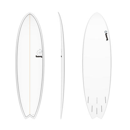 Three views of a surfboard with 'Torq' branding on a white background