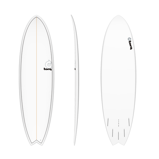 Three views of a surfboard with 'Torq' branding on a white background