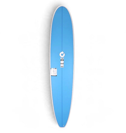 A light blue surfboard with a white border, featuring a white circular logo in the center and a white leash attachment point, shown from a top-down view on a white background.