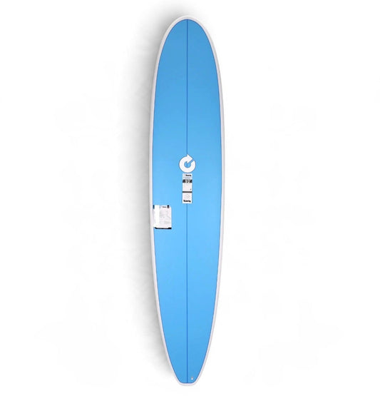 A light blue surfboard with a white border, featuring a white circular logo in the center and a white leash attachment point, shown from a top-down view on a white background.