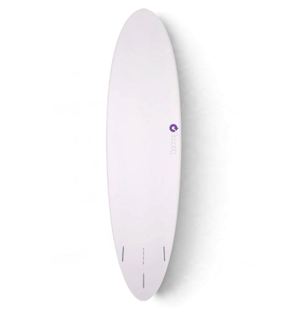 A minimalist white surfboard with a small purple circular logo and subtle gray text, shown vertically against a clean white background.