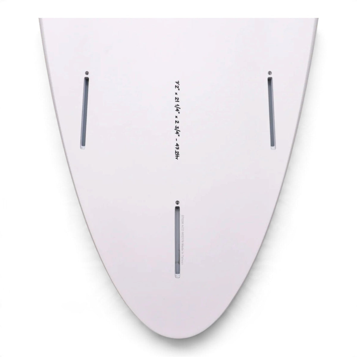 A white surfboard shown from the bottom side, featuring three vertical gray fins and small black printed numbers in the center.