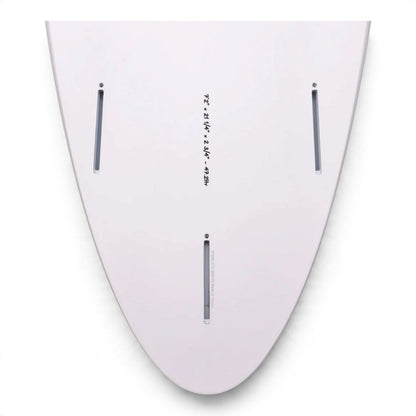 A white surfboard shown from the bottom side, featuring three vertical gray fins and small black printed numbers in the center.
