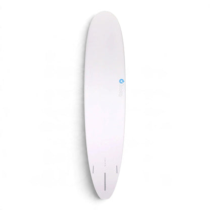 A white surfboard with a small blue logo, shown vertically against a clean white background.