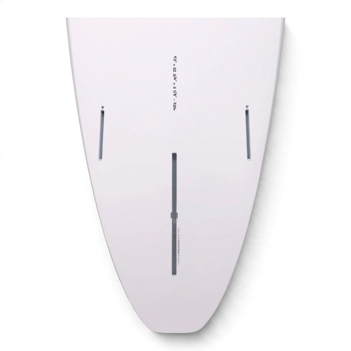 The underside of a surfboard shown from above, featuring three fins boxes and a dimensions written down. 